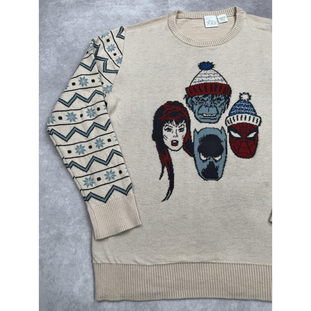 Disney Marvel Sweater WomensXL Beige Knit Spider Man Beast Holiday Crewneck 2023 - Picture 3 of 16